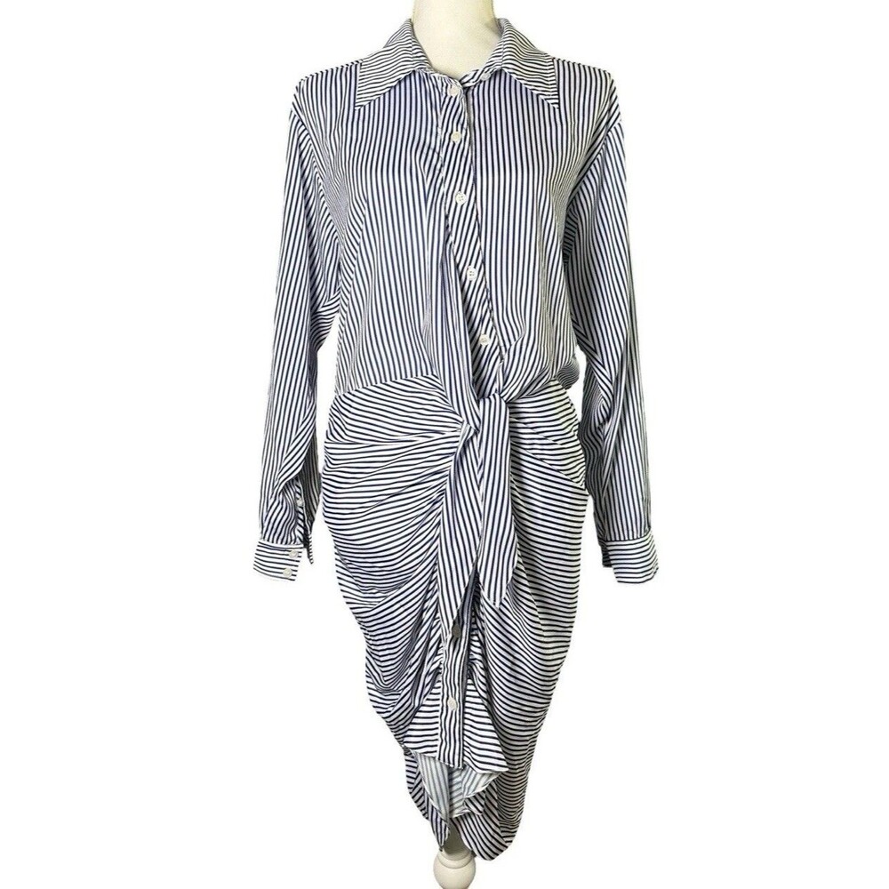 1st Sight Striped Shirt Dress Large L Asymmetrical Ruched Workwear Office Casual